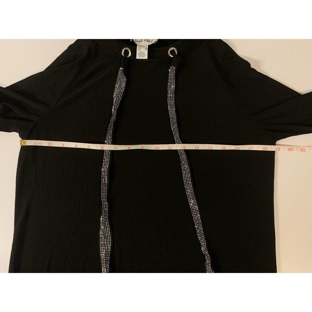 Joseph Ribkoff Hoodie Tunic Size 10 Rhinestone Drawstring Black Slinky Knit - Picture 4 of 6